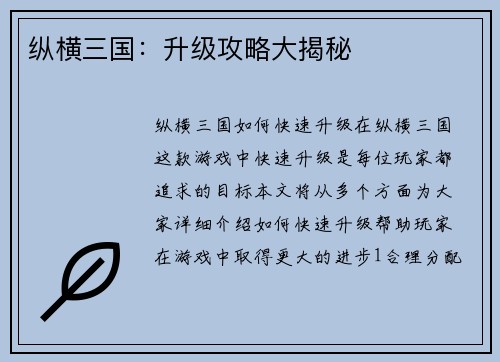 纵横三国：升级攻略大揭秘